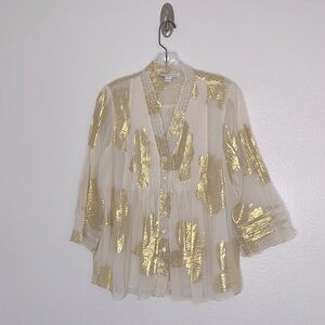 DVF Diane Von Furstenberg Layla Foil-Print Ivory Gold Silk Top Size 6
